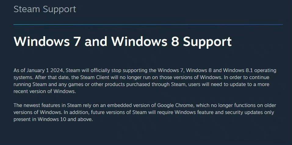 Steam客户端自2024年1月1日起不再支持微软Win7／8／8.1系统